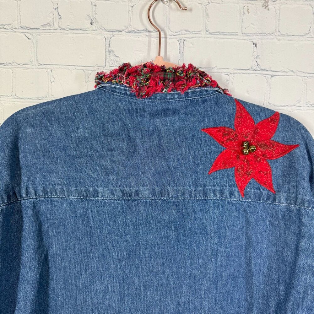 Sierra Pacific Large Denim Christmas Shirt Poinsettia Plaid Holiday Applique - Picture 10 of 11